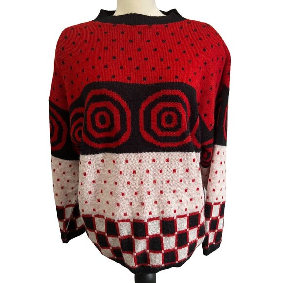 Vintage Geometric Sweater by Alberoy Sz XL Womens Red, White, & Black with Check - Picture 1 of 8